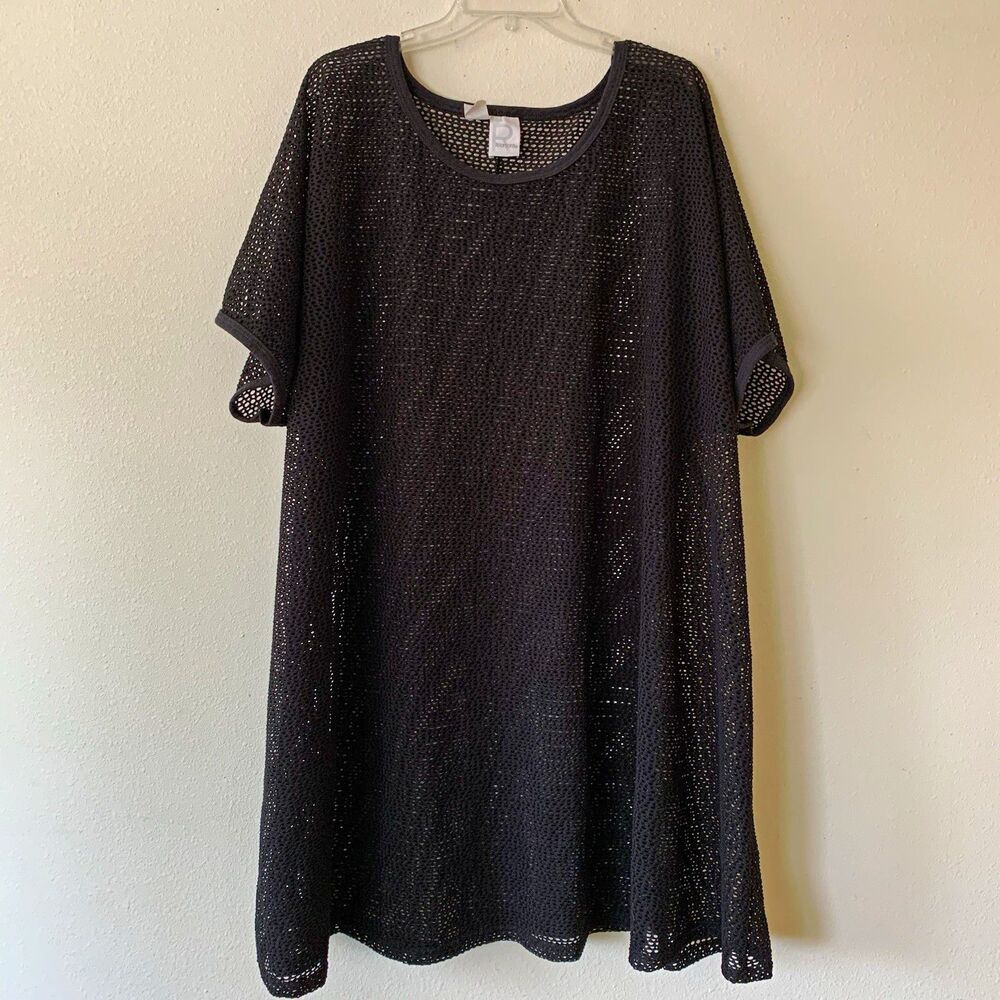 Roaman's Women’s Black Mesh Pullover Short Sleeve Beach Swim Cover Up Dress 3X